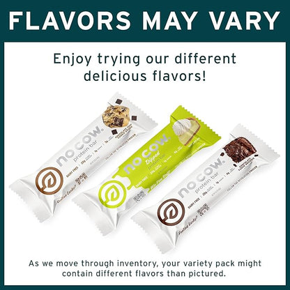 No Cow Vegan Protein Bars, Upgraded Brand Sampler Pack | 20g Plant Based Protein, Gluten Free, Dairy Free, Soy Free, Keto Friendly, Low Sugar, High Fiber Snack Bars | Pack of 12