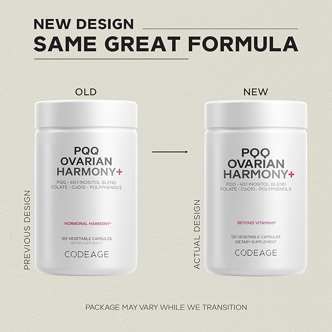 Codeage PQQ Ovarian Harmony+ Supplement - PQQ (Pyrroloquinoline Quinone), Myo-Inositol & D-Chiro-Inositol 40:1 Blend, Folate 5-MTHF, CoQ10, Wild Blueberry - Liposomal Delivery - Non-GMO - 120 Capsules