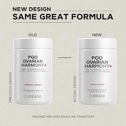Codeage PQQ Ovarian Harmony+ Supplement - PQQ (Pyrroloquinoline Quinone), Myo-Inositol & D-Chiro-Inositol 40:1 Blend, Folate 5-MTHF, CoQ10, Wild Blueberry - Liposomal Delivery - Non-GMO - 120 Capsules