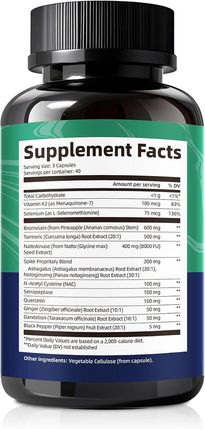 Spike Protein Support Capsules, 8000 FU Nattokinase Supplement with Bromelain and Curcumin, 13-IN-1 Full Spectrum Spike Support Supplement for Immune & Antioxidant Health, Vegan, Non-GMO, 120 Capsules