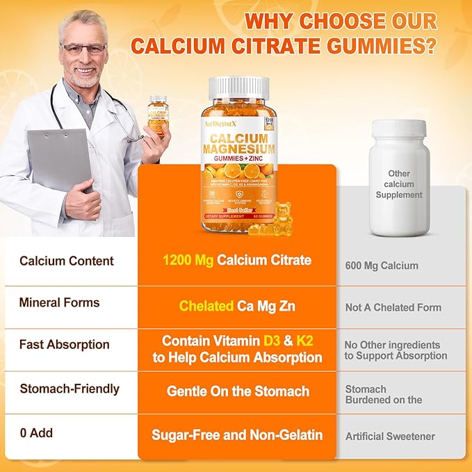 1200mg Calcium Gummies w/Vitamin D3 for Adults - High Absorption Calcium Supplement with Magnesium, K2, Copper, Boron, Zinc and Ashwagandha, Support Bone & Muscle, Sugar-Free for Women Men, 60 Count