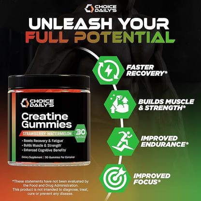 Creatine Gummies - 90 Vegan Friendly Chews - USA Made - Boosts Recovery - Builds Muscle - Enhanced Cognitive Benefits (Large, Strawberry Watermelon)