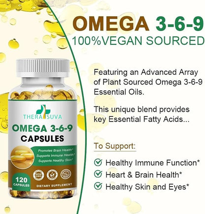 High-Potency Omega 3-6-9, 100% Vegan Sourced Natural Supplement for Heart and Joint Health, 2 Month Supply, 120 Softgels