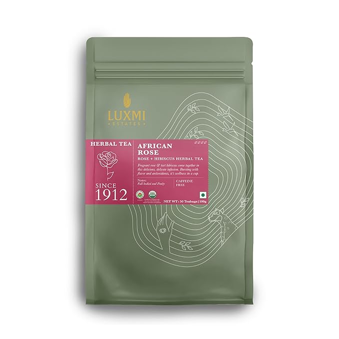 Luxmi Estates African Rose Herbal Infusion 50 Plant-Based Biodegradable Bags (100gm) Pack | USDA Certified Organic Infusion | Hibiscus & Roses