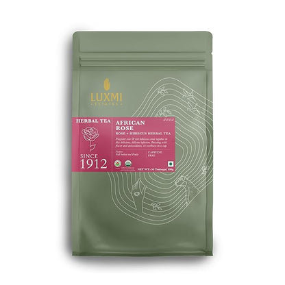 Luxmi Estates African Rose Herbal Infusion 50 Plant-Based Biodegradable Bags (100gm) Pack | USDA Certified Organic Infusion | Hibiscus & Roses