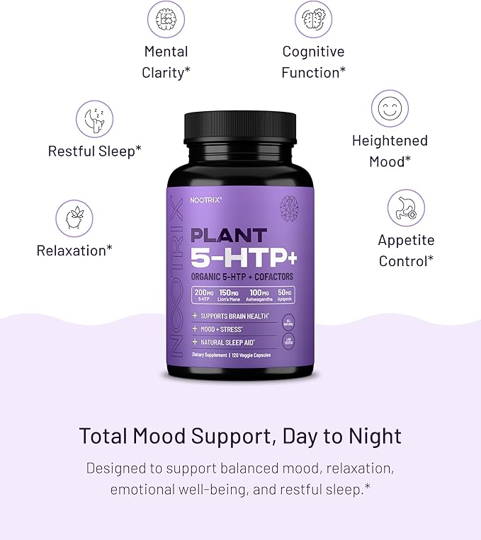 Nootrix Organic Plant 5 HTP+ Supplement | Supports Memory, Mental Focus, Cognitive Health & Energy | Promotes Healthy Mood & Brain Function | Vitamin B6 & L Theanine |60 Capsules