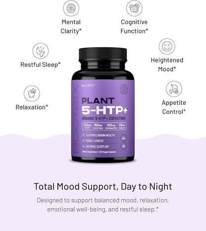 Nootrix Organic Plant 5 HTP+ Supplement | Supports Memory, Mental Focus, Cognitive Health & Energy | Promotes Healthy Mood & Brain Function | Vitamin B6 & L Theanine |60 Capsules