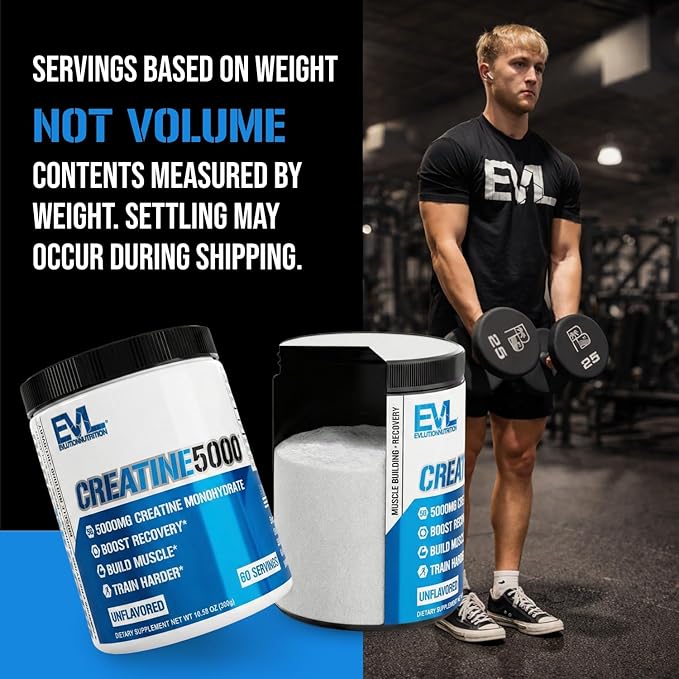 Evlution Nutrition Creatine 5000 - Supports Faster Recovery Lean Muscle Growth & Performance - Pre & Post Workout Powder - 5000mg Pure Creatine Monohydrate Per Serving - 60 Servings - Unflavored