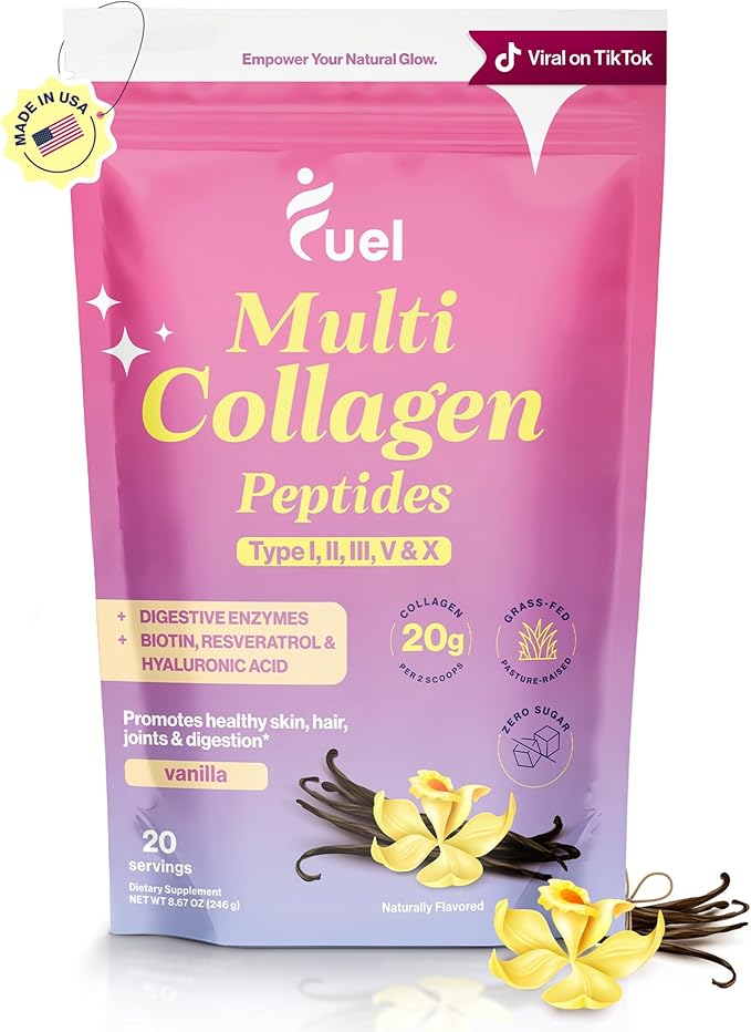 Fuel Multi Collagen Peptides Powder – 20g Hydrolyzed Collagen Types I, II, III, V & X – Hair, Skin, Nails & Joint Support – Keto & Gluten Free – French Vanilla – 20 Servings (8.67oz)