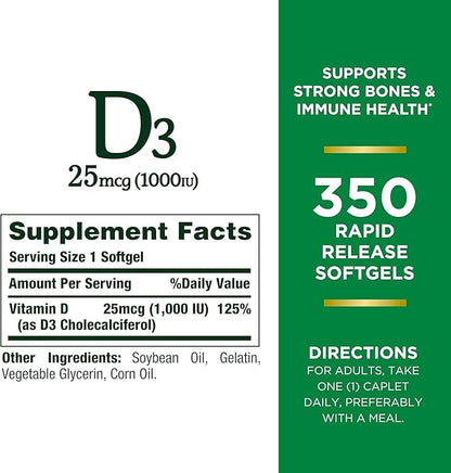 Nature's Bounty Bounty D-1000 IU Dietary Supplement Rapid Release Liquid Softgels 350 ea (Pack of 3)