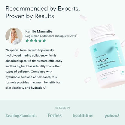 Bettervits Collagen Peptides Complex with Hyaluronic Acid & Turmeric | Hydrolyzed Marine Collagen Supplements for Women & Men | Collagen with Vitamin C for Skin, Hair, Nails & Joints – 60 Capsules