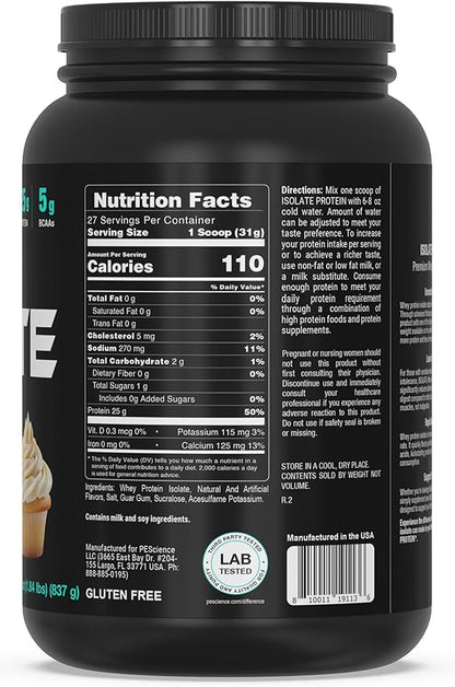 PEScience Isolate Whey Protein Powder, Vanilla Cupcake, 27 Servings, 100% Whey Protein Isolate, Low Carb, Fast Absorbing Post Workout Shake for Men and Women