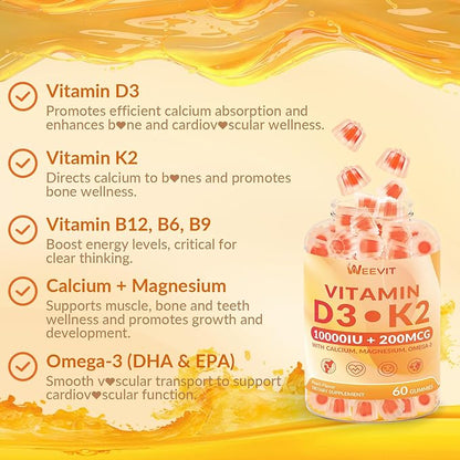 Vitamin D3 K2 Gummies, Sugar Free Vitamin D3 K2 w/Calcium, Magnesium, Omega-3, Vitamin C,B12, K2 D3 Supplement