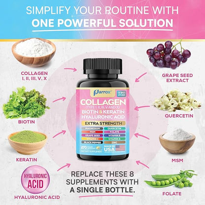 Collagen Peptides Types I, II, III, V & X, MCG Biotin, Keratin, Hyaluronic Acid, MSM, Zinc, Grape Seed Extract, Quercetin, Vitamin A, Vitamin C, Vitamin E, Magnesium, Folic Acid (270 Capsules)