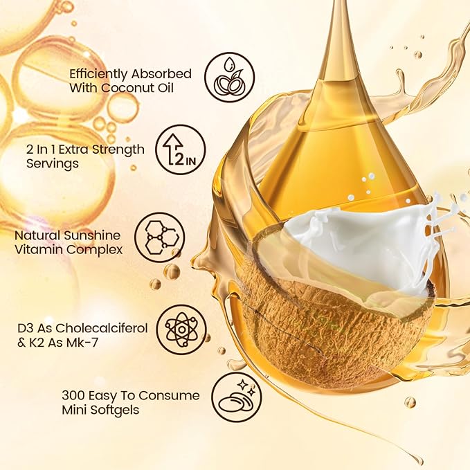 VivoNu Vitamin D3 K2 10000 IU with MK7-300 Virgin Coconut Oil Softgels, 2 in 1 Vitamins D & K Complex | Vitamina D3 con K2 ((2Bag))