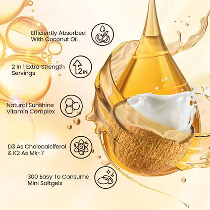 VivoNu Vitamin D3 K2 10000 IU with MK7-300 Virgin Coconut Oil Softgels, 2 in 1 Vitamins D & K Complex | Vitamina D3 con K2 ((1Bag)