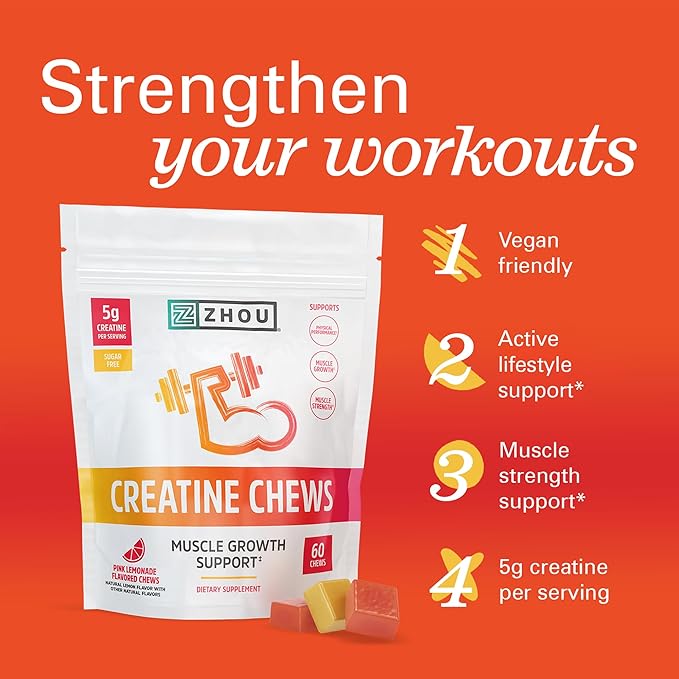 ZHOU Nutrition Creatine Monohydrate Chewables 5g for Men & Women, Sugar Free, Organic, Non GMO, Pink Lemonade, 60 Creatine Gummies