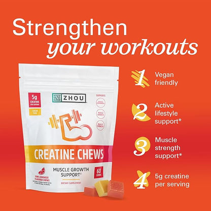 ZHOU Nutrition Creatine Monohydrate Chewables 5g for Men & Women, Sugar Free, Organic, Non GMO, Pink Lemonade, 60 Creatine Gummies