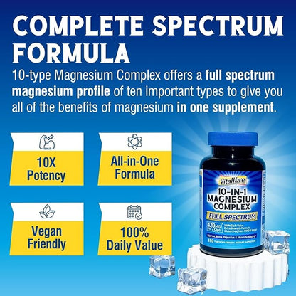 10 in 1 Magnesium Complex, 420mg Elemental Magnesium | Ultra Strength, Max Absorption | Chelated Magnesium Supplement for Nerves, Bone & Heart Health | Non-GMO, 180 Vegan Capsules