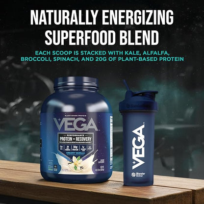 Vega Sport Vegan Protein Powder + Recovery - 30g Plant Based Protein per Serving, Vanilla, 45 Servings, 5g BCAAs, Probiotics, NSF Certified, for Shakes & Smoothies, 4.1lbs (Packaging May Vary)