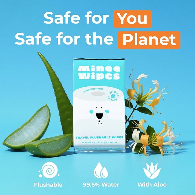 Impossibly Compact Travel Flushable Wipes - 99.5% Water and Aloe - Safe for Sensitive Skin, Hypoallergenic & Unscented - Travel Essentials for Adults, Kids & Baby Care - 8 Pack Total 48 Wipes