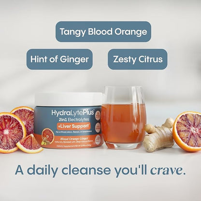 Hydralyte Liver Support + Electrolyte Mix with Milk Thistle, Turmeric, Ginger, Prickly Pear, Green Tea Extract Formulated for Rapid Rehydration, (Blood Orange Ginger, 40 Serve Tub)