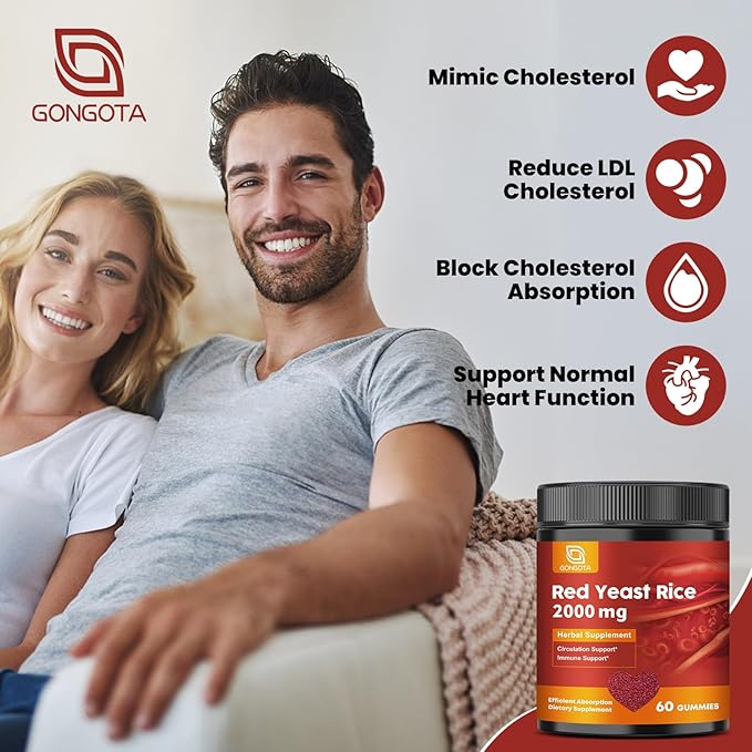 Red Yeast Rice 2,000mg with CoQ10 Gummies - Max Strength Extract Red Yeast Rice Supplement with CoQ10 200 Plus Citrus Bergamot - Natural Cholesterol Support,Vegan, Non-GMO, Gluten-Free – 60 Counts