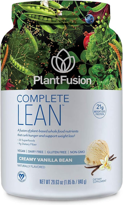 PlantFusion Complete Lean Plant Based Protein Powder - Prebiotic Fiber, Superfoods & Digestive Enzymes - Vegan, Gluten Free, Soy Free, Non-GMO - Vanilla 1.85 lb