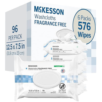 McKesson Washcloth Wipes, Unscented - Disposable Wet Wipes for Adults - Fragrance-Free, Alcohol-Free - No-Rinse Formula - Snap Lid Soft Pack, 96 Count, 6 Packs, 576 Total