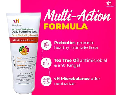 vH essentials Intimate Feminine Wash, pH Balanced with Tea Tree Oil, Cranberry, Prebiotics Odor Eliminating Formula, 6 FL OZ - 3 Pack