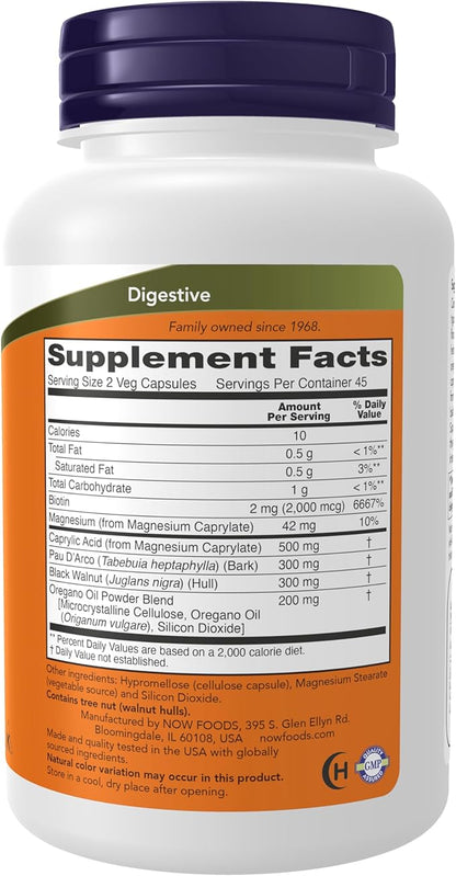 NOW Supplements, Bacillus Support with Pau D'Arco, Oregano Oil, Black Walnut & Caprylic Acid, 90 Veg Capsules