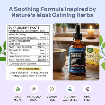 Magnesium Glycinate & Ashwagandha Liquid Drops with Valerian Root, Chamomile, Passion Flower, Lemon Balm & L-Theanine - Vegan Fast Absorption - Supplement for Wellness & Relaxation (Mixed Berry, 60mL)