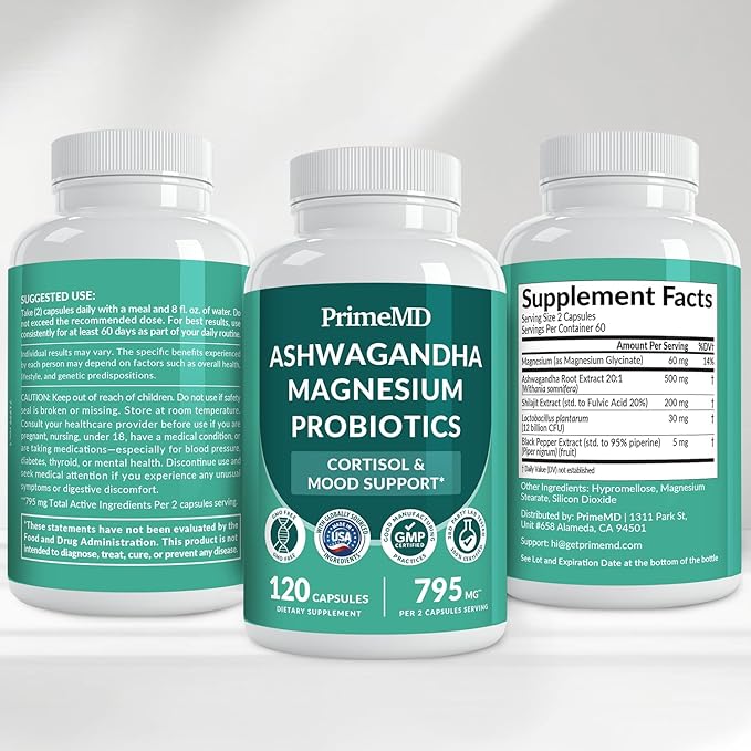5-in-1 Cortisol Supplement for Women and Men with Ashwagandha for Calmness, Focus, and Adrenal Support Supplements with Shilajit Extract, Magnesium Glycinate, Probiotics (120 ct) (Pack of 2)