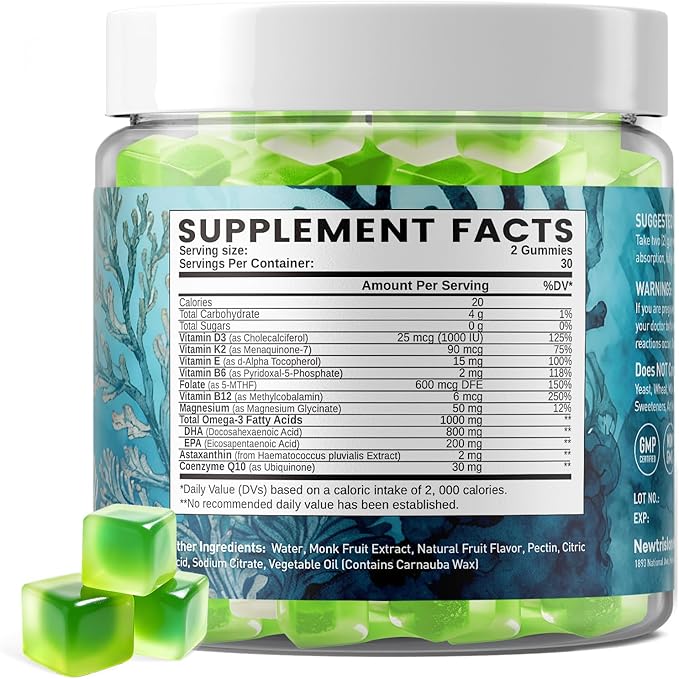 duwhot Vegan Omega-3 Gummies for Women, Algae DHA & EPA 1000mg, with CoQ10, Astaxanthin, Fish Oil Supplement Alternative for Adults, Heart & Brain Health, 60 Count