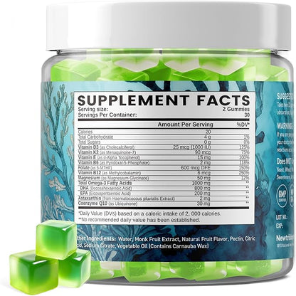 duwhot Vegan Omega-3 Gummies for Women, Algae DHA & EPA 1000mg, with CoQ10, Astaxanthin, Fish Oil Supplement Alternative for Adults, Heart & Brain Health, 60 Count