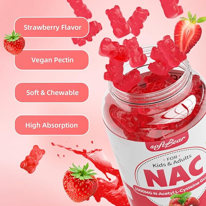 softbear NAC Gummies for Kids & Adults, NAC Supplement 1000mg N Acetyl Cysteine Supports Lung & Liver Health, Antioxidants & Immune System, Strawberry Flavor 60 Count