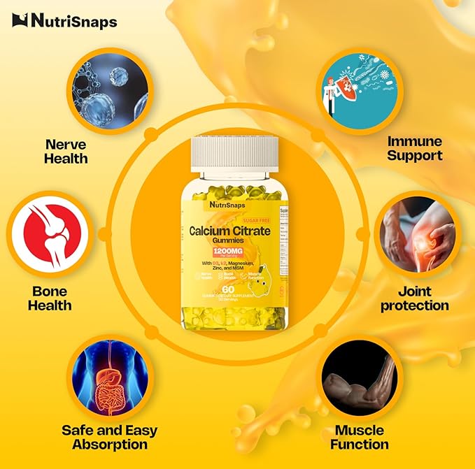 Sugar Free Calcium Citrate Gummies 1200mg with Vitamin D3 K2, Magnesium, Zinc, MSM for Men & Women, Bone, Muscle, Immune Support, Ultimate Absorption Calcium Supplement, Vegan, 60 Count