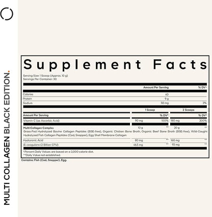 Codeage Multi Collagen Peptides Powder + Probiotics Black Edition, Vitamin C, Hyaluronic Acid Powder Supplement, Grass-Fed, Hydrolyzed, Zero Carbs, Type I, II, III, V & X, Unflavored, 10.58oz