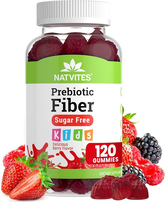Prebiotic Kids Fiber Gummies, for Children Ages 2 & Up - Sugar Free Vegetarian Gelatin Free Non-GMO, Kids Fiber Supplements for Digestive Health (120 Count)