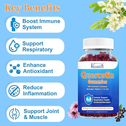 Quercetin with Bromelain Gummies, Quercetin with Vitamin C Zinc & Elderberry for Immune System & Allergy, Chewable & Vegan Gummies, 60 Cts