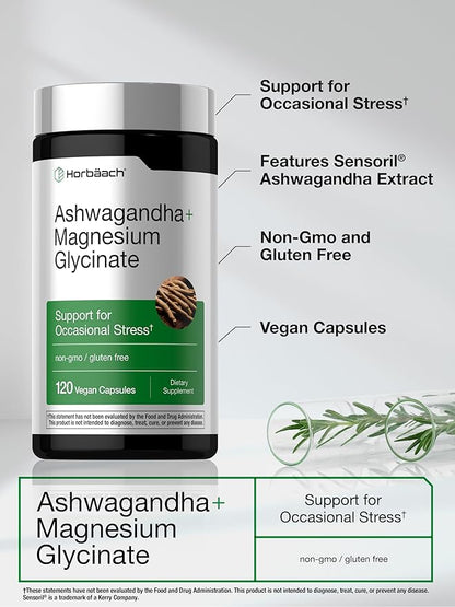 Horbäach Ashwagandha and Magnesium Glycinate | 120 Vegan Capsules | Support Supplement for Stress | Non-GMO, Gluten Free