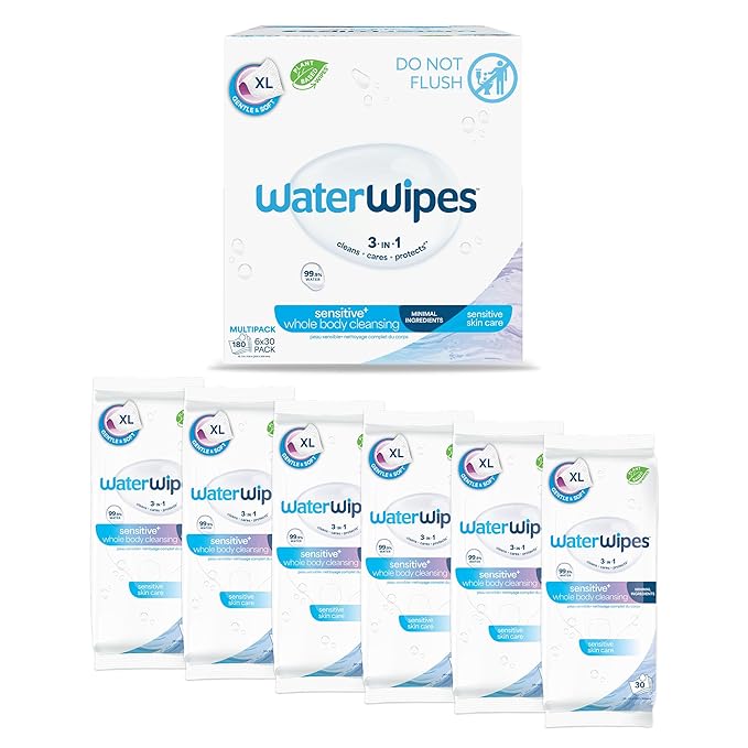 WaterWipes Sensitive Whole Body Cleansing Wipes, 99.9% Purified Water, XL Textured Wipes, Incontinence Care, Fragrance Free, 180 Count