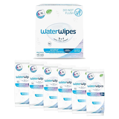 WaterWipes Sensitive Whole Body Cleansing Wipes, 99.9% Purified Water, XL Textured Wipes, Incontinence Care, Fragrance Free, 180 Count