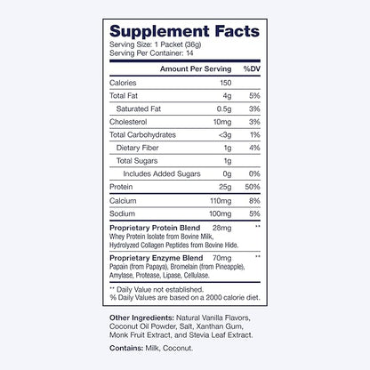 SoWell GLP-1 Protein Vanilla Powder with Whey Collagen and Digestive Enzymes for Muscle Mass, Skin, Hair, Nails and Digestion Support, 14 Stick Packs