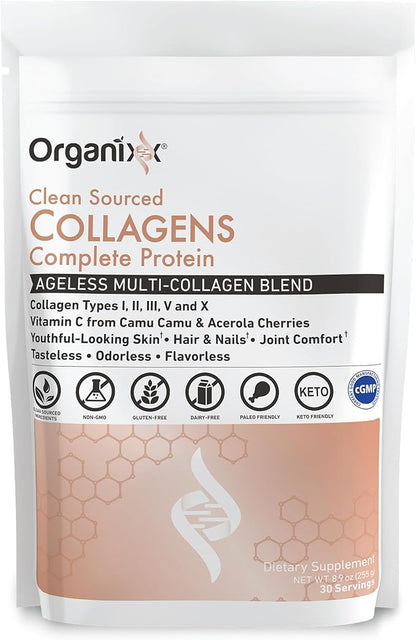 Organixx Clean Sourced Collagen Peptides Powder with Vitamin C, Types I, II, III, V, X Hydrolyzed Collagen, Hair, Nail, Skin, Bone & Joint Health, Aging Support, Gluten Free, Unflavored, 30 Servings