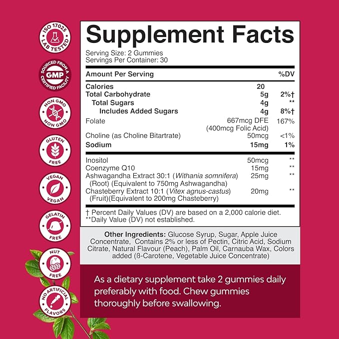 Fertility Gummies for Women Trying to Conceive - Yummy Gummy Fertility Supplement for Women with Myo-Inositol Folic Acid & Vitex Chasteberry - Vegan Non-GMO & Gluten Free - Juicy Peach - 60 Count