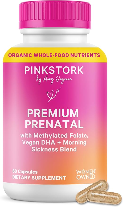 Pink Stork Premium Prenatal Vitamins for Women | Methylated Folate, Choline, Iron, Vegan DHA | Doctor-Formulated Prenatal Vitamin | Organic Whole-Foods & Probiotic | Gentle on Stomach, 60 Count