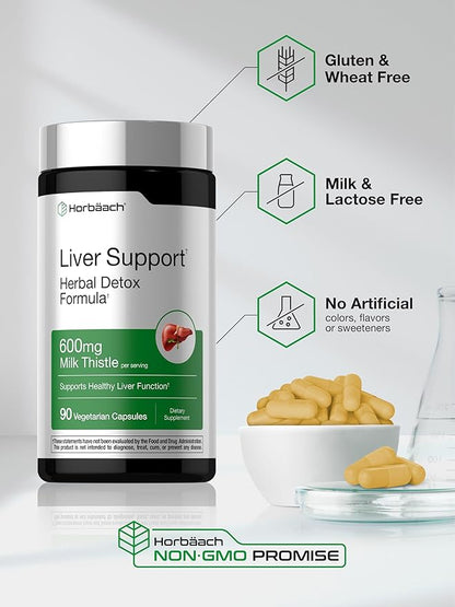 Horbäach Liver Support | 600 mg Milk Thistle | 90 Vegetarian Capsules | Herbal Detox Formula | Non-GMO, Gluten Free