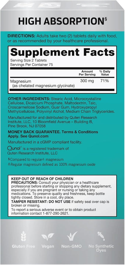 Qunol Magnesium Glycinate 300mg,100% Glycinate Chelated Magnesium Supplement,150ct Tablets,(Pack of 2)