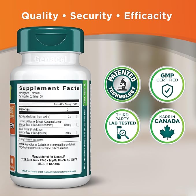 Genacol Turmeric Curcumin, Ultra-Hydrolyzed Collagen Peptides Supplement with Black Pepper Extract (BioPerine), Soothe Your Joints, Enhanced Absorption, 90 Capsules (30-Day Supply)